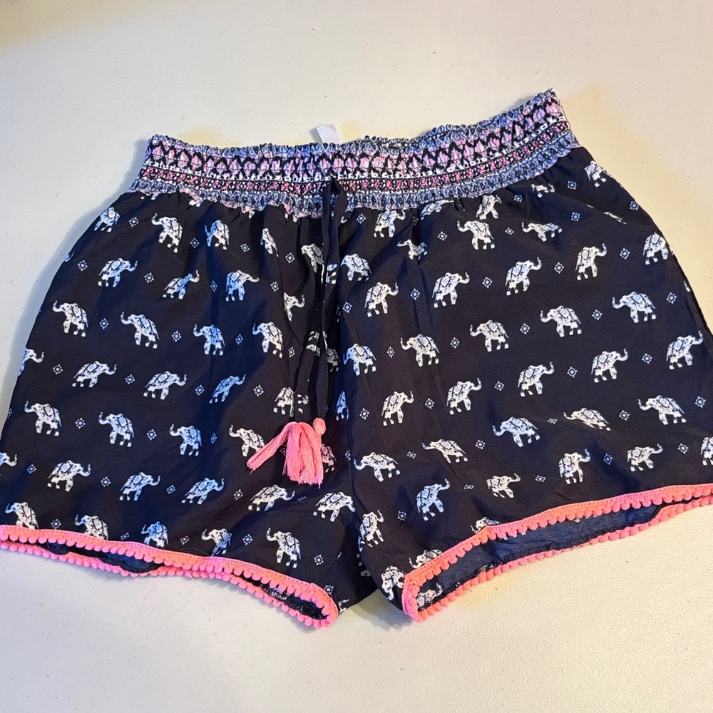 Navy Elephant Print Shorts with Pink Accents